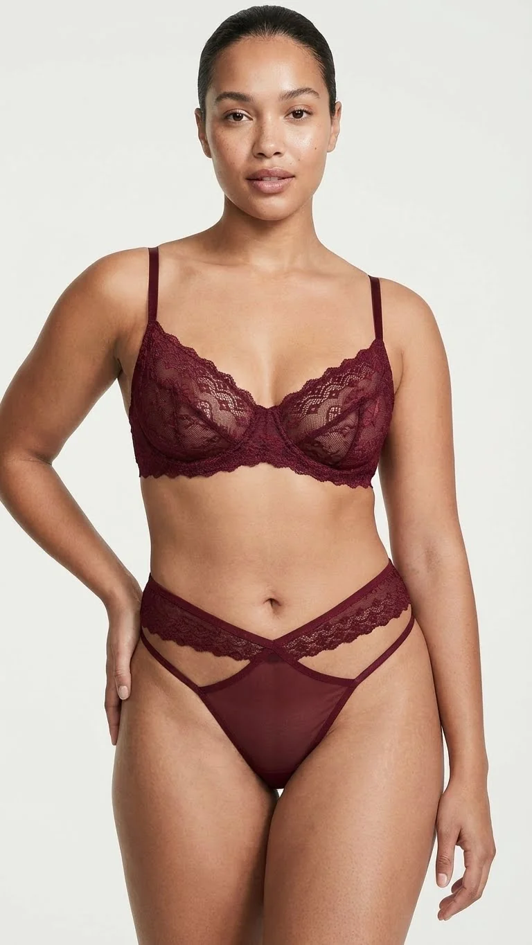 Bordo Dantel Bel Bantlı Tanga - Yan Görünüm